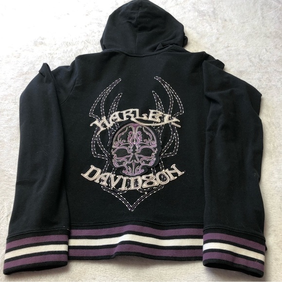 Harley Davidson Black/Purple/White Embroidered Zip Up Hoodie Size Med - Picture 4 of 13